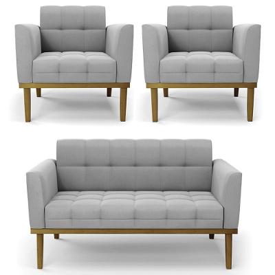 Sofá Namoradeira E 2 Poltronas Base Madeira Castanho Ana Suede Cinza