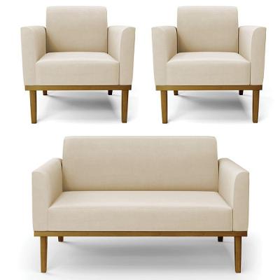 Sofá Namoradeira E 2 Poltronas Base Madeira Castanho Maressa Suede Bege