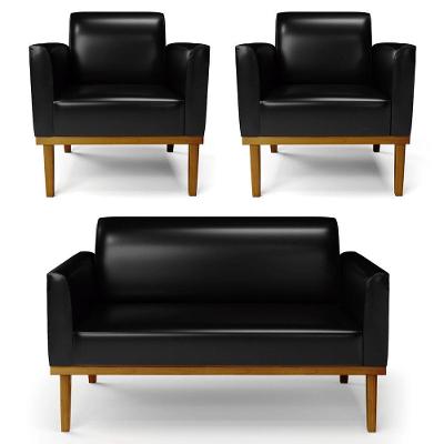 Sofá Namoradeira E 2 Poltronas Base Madeira Castanho Maressa Sintético Pu Preto