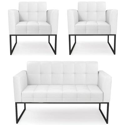 Sofá Namoradeira E 2 Poltronas Base Industrial Preto Ana Sintético Branco