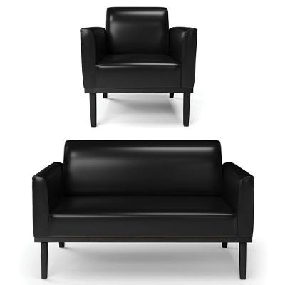 Sofá Namoradeira E 1 Poltrona Base Madeira Preto Maressa Sintético Pu Preto