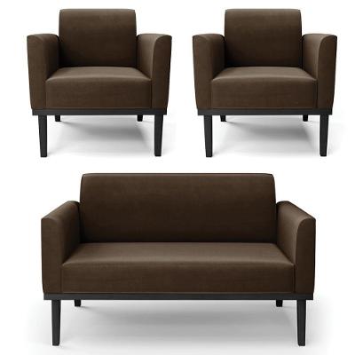 Sofá Namoradeira E 2 Poltronas Base Madeira Preto Maressa Suede Marrom