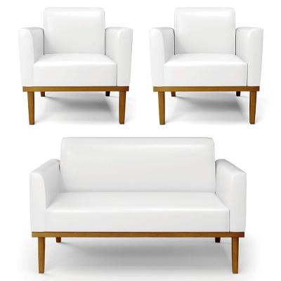 Sofá Namoradeira E 2 Poltronas Base Madeira Castanho Maressa Sintético Pu Branco