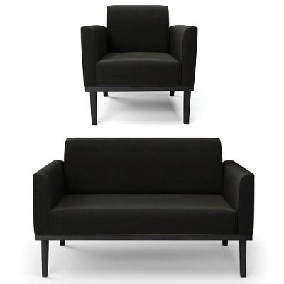 Sofá Namoradeira E 1 Poltrona Base Madeira Preto Maressa Suede Preto
