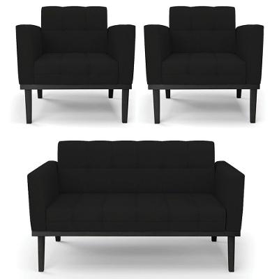 Sofá Namoradeira E 2 Poltronas Base Madeira Preto Ana Linho Preto