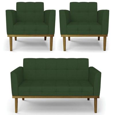 Sofá Namoradeira E 2 Poltronas Base Madeira Castanho Ana Veludo Luxo Verde