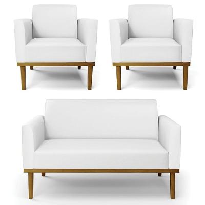 Sofá Namoradeira E 2 Poltronas Base Madeira Castanho Maressa Sintético Branco