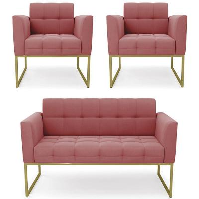 Sofá Namoradeira E 2 Poltronas Base Industrial Dourado Ana Suede Rosê