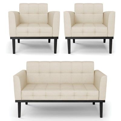 Sofá Namoradeira E 2 Poltronas Base Madeira Preto Ana Veludo Luxo Off White