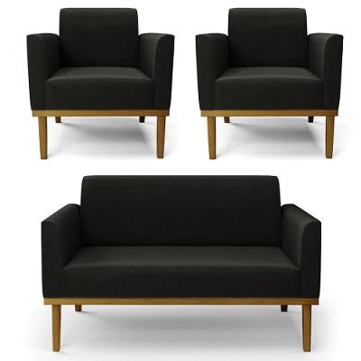 Sofá Namoradeira E 2 Poltronas Base Madeira Castanho Maressa Suede Preto