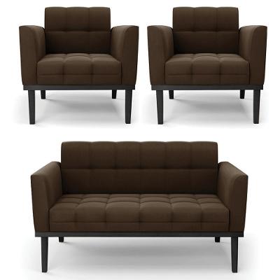 Sofá Namoradeira E 2 Poltronas Base Madeira Preto Ana Suede Marrom