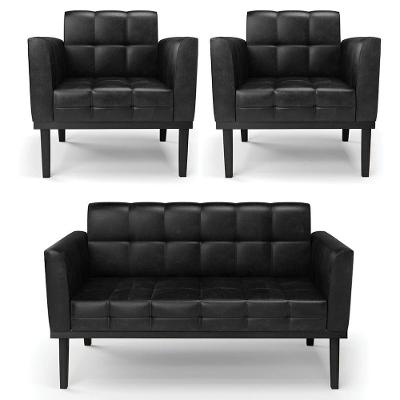 Sofá Namoradeira E 2 Poltronas Base Madeira Preto Ana Sintético Pu Preto