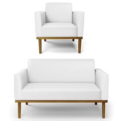 Sofá Namoradeira E 1 Poltrona Base Madeira Castanho Maressa Sintético Branco