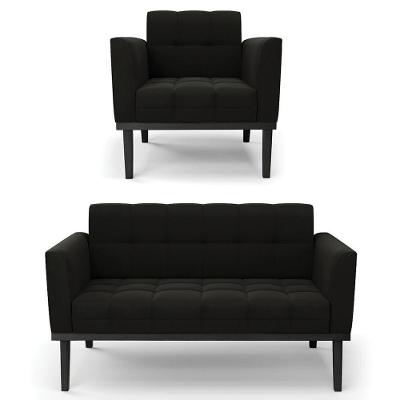 Sofá Namoradeira E 1 Poltrona Base Madeira Preto Ana Suede Preto