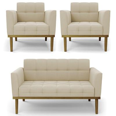 Sofá Namoradeira E 2 Poltronas Base Madeira Castanho Ana Suede Bege
