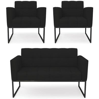 Sofá Namoradeira E 2 Poltronas Base Industrial Preto Ana Linho Preto