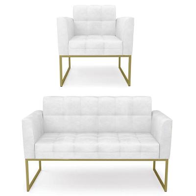 Sofá Namoradeira E 1 Poltrona Base Industrial Dourado Ana Sintético Pu Branco
