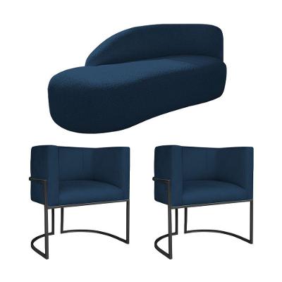 Kit Divã Luna 140cm Lado Esquerdo E 02 Poltronas Base De Ferro Preto Suede Azul Marinho