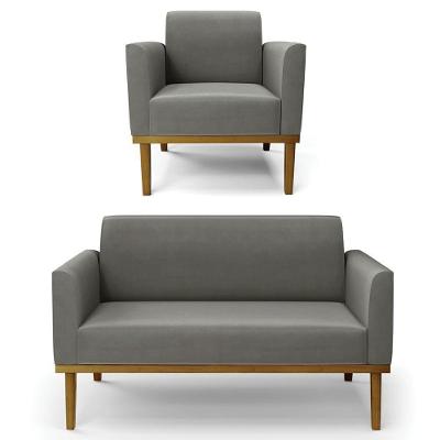 Sofá Namoradeira E 1 Poltrona Base Madeira Castanho Maressa Suede Grafite