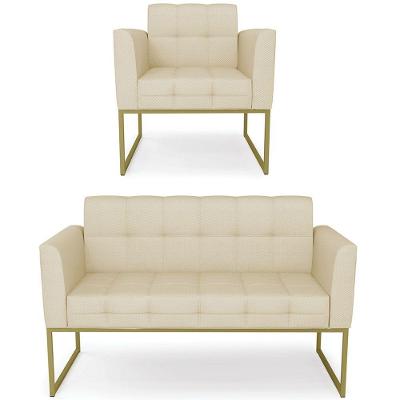 Sofá Namoradeira E 1 Poltrona Base Industrial Dourado Ana Veludo Luxo Off White