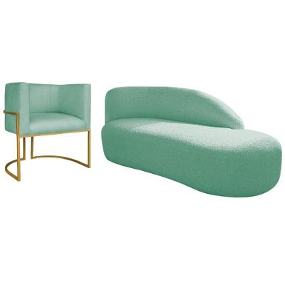 Kit Divã Luna 160cm Lado Direito E 01 Poltrona Base De Ferro Dourada Suede Azul Tiffany