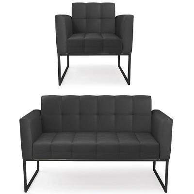 Sofá Namoradeira E 1 Poltrona Base Industrial Preto Ana Sintético Preto