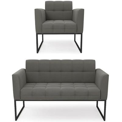 Sofá Namoradeira E 1 Poltrona Base Industrial Preto Ana Suede Grafite