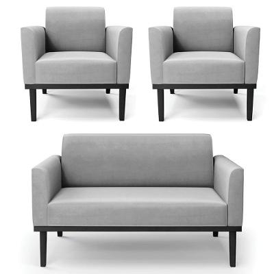 Sofá Namoradeira E 2 Poltronas Base Madeira Preto Maressa Suede Cinza