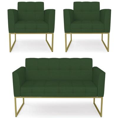 Sofá Namoradeira E 2 Poltronas Base Industrial Dourado Ana Veludo Luxo Verde