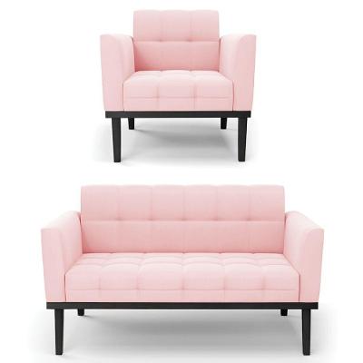 Sofá Namoradeira E 1 Poltrona Base Madeira Preto Ana Suede Rosa Bebê