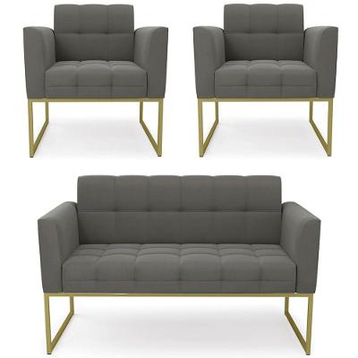Sofá Namoradeira E 2 Poltronas Base Industrial Dourado Ana Suede Grafite