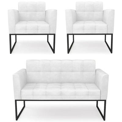 Sofá Namoradeira E 2 Poltronas Base Industrial Preto Ana Sintético Pu Branco