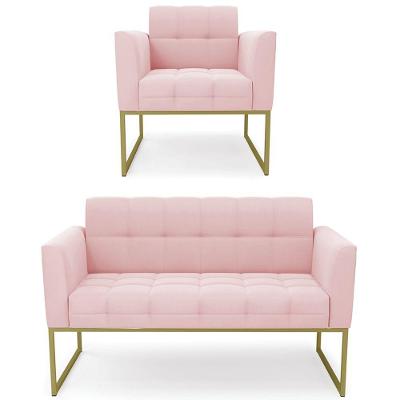 Sofá Namoradeira E 1 Poltrona Base Industrial Dourado Ana Suede Rosa Bebê