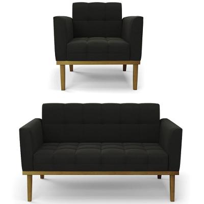 Sofá Namoradeira E 1 Poltrona Base Madeira Castanho Ana Suede Preto