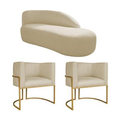Kit Divã Luna 140cm Lado Direito E 02 Poltronas Base De Ferro Dourado Suede Bege