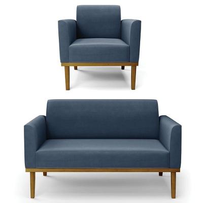 Sofá Namoradeira E 1 Poltrona Base Madeira Castanho Maressa Suede Azul Marinho
