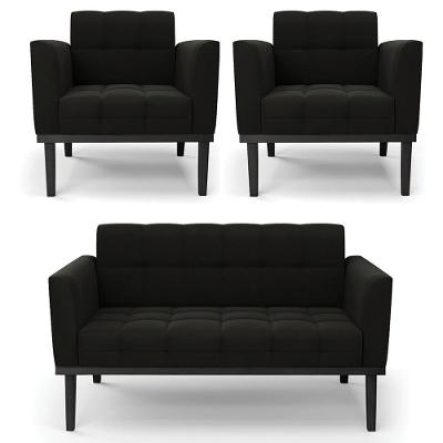 Sofá Namoradeira E 2 Poltronas Base Madeira Preto Ana Suede Preto