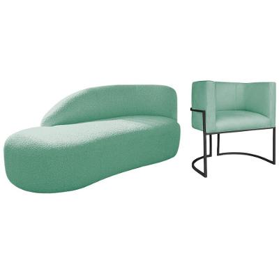 Kit Divã Luna 140cm Lado Esquerdo E 01 Poltrona Base De Ferro Preto Suede Azul Tiffany