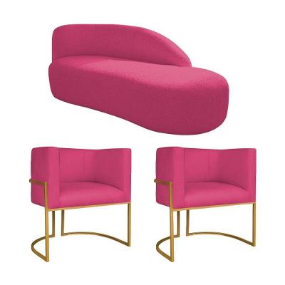 Kit Divã Luna 185cm Lado Direito E 02 Poltronas Base De Ferro Dourado Suede Pink