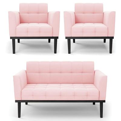 Sofá Namoradeira E 2 Poltronas Base Madeira Preto Ana Suede Rosa Bebê
