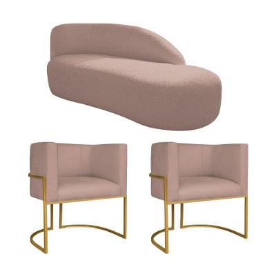 Kit Divã Luna 140cm Lado Direito E 02 Poltronas Base De Ferro Dourado Linho Rosê