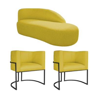 Kit Divã Luna 160cm Lado Direito E 02 Poltronas Base De Ferro Preto Suede Cor Amarelo