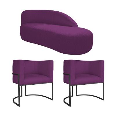 Kit Divã Luna 185cm Lado Direito E 02 Poltronas Base De Ferro Preto Suede Cor Roxo