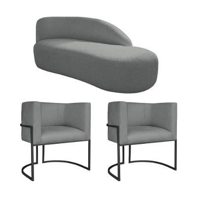 Kit Divã Luna 185cm Lado Direito E 02 Poltronas Base De Ferro Preto Suede Cor Cinza