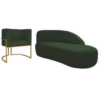 Kit Divã Luna 185cm Lado Direito E 01 Poltrona Base De Ferro Dourado Linho Cor Verde
