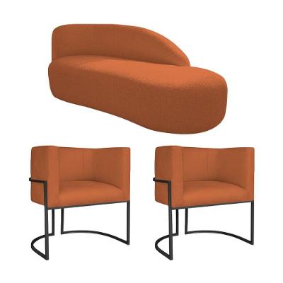Kit Divã Luna 185cm Lado Direito E 02 Poltronas Base De Ferro Preto Suede Cor Terracota