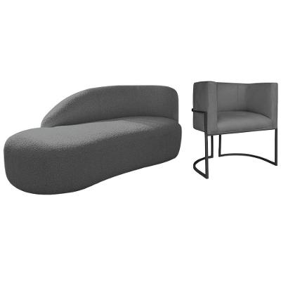 Kit Divã Luna 140cm Lado Esquerdo E 01 Poltrona Base De Ferro Preto Linho Cor Cinza Escuro