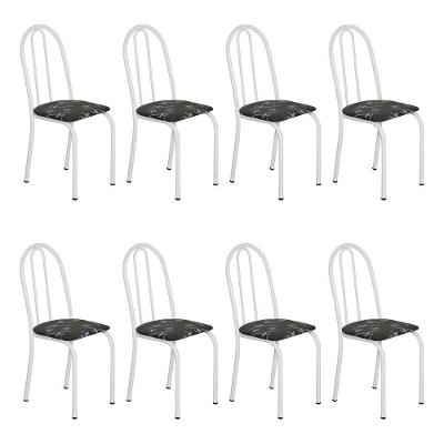 Kit 8 Cadeiras De Cozinha Califórnia Estampado Preto Florido Pés De Ferro Branco