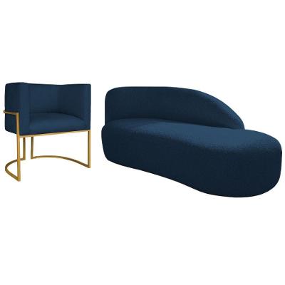 Kit Divã Luna 140cm Lado Direito E 01 Poltrona Base De Ferro Dourado Suede Cor Azul Marinho