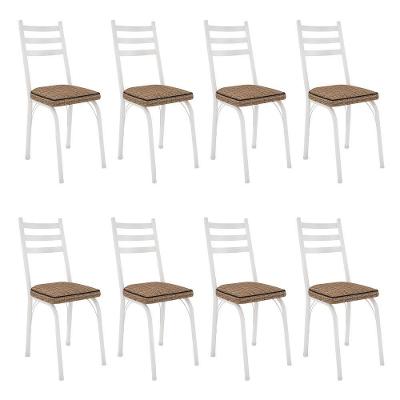 Kit 8 Cadeiras De Cozinha Luisiana Estampado Rattan Bege Pés De Ferro Branco
